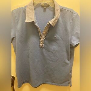 Tommy Hilfiger womens Blue Polo Shirt ruffled collar